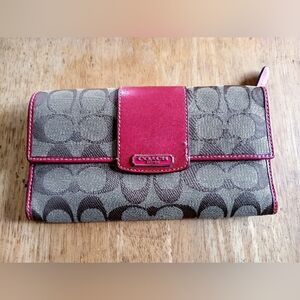 Coach Brown Signature Canvas Wallet with Pink Leather Trim